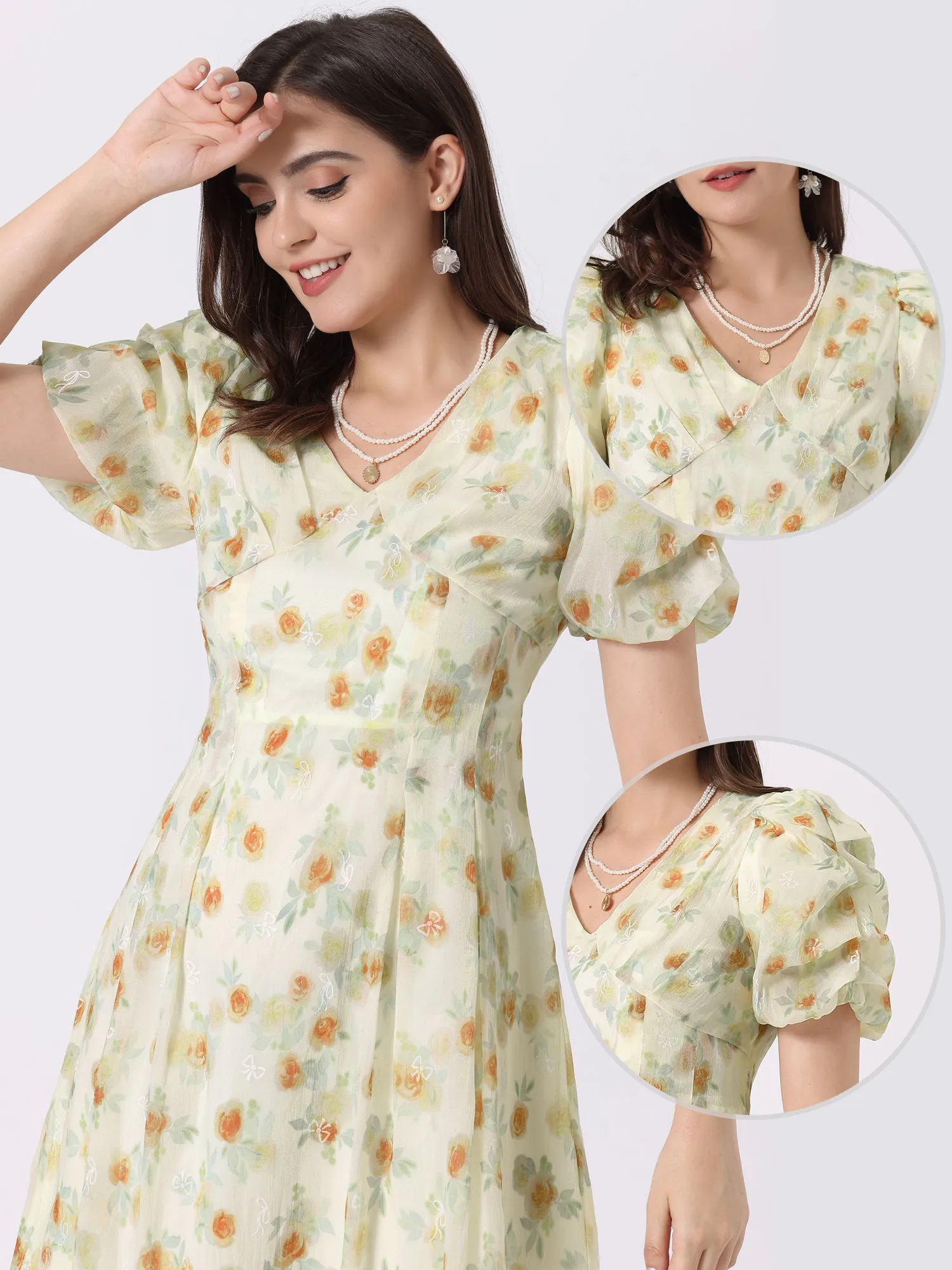 Floral Print Short Sleeve Cinched Waist Long Midi Dress sold by Allegra K product image thumbnail 2