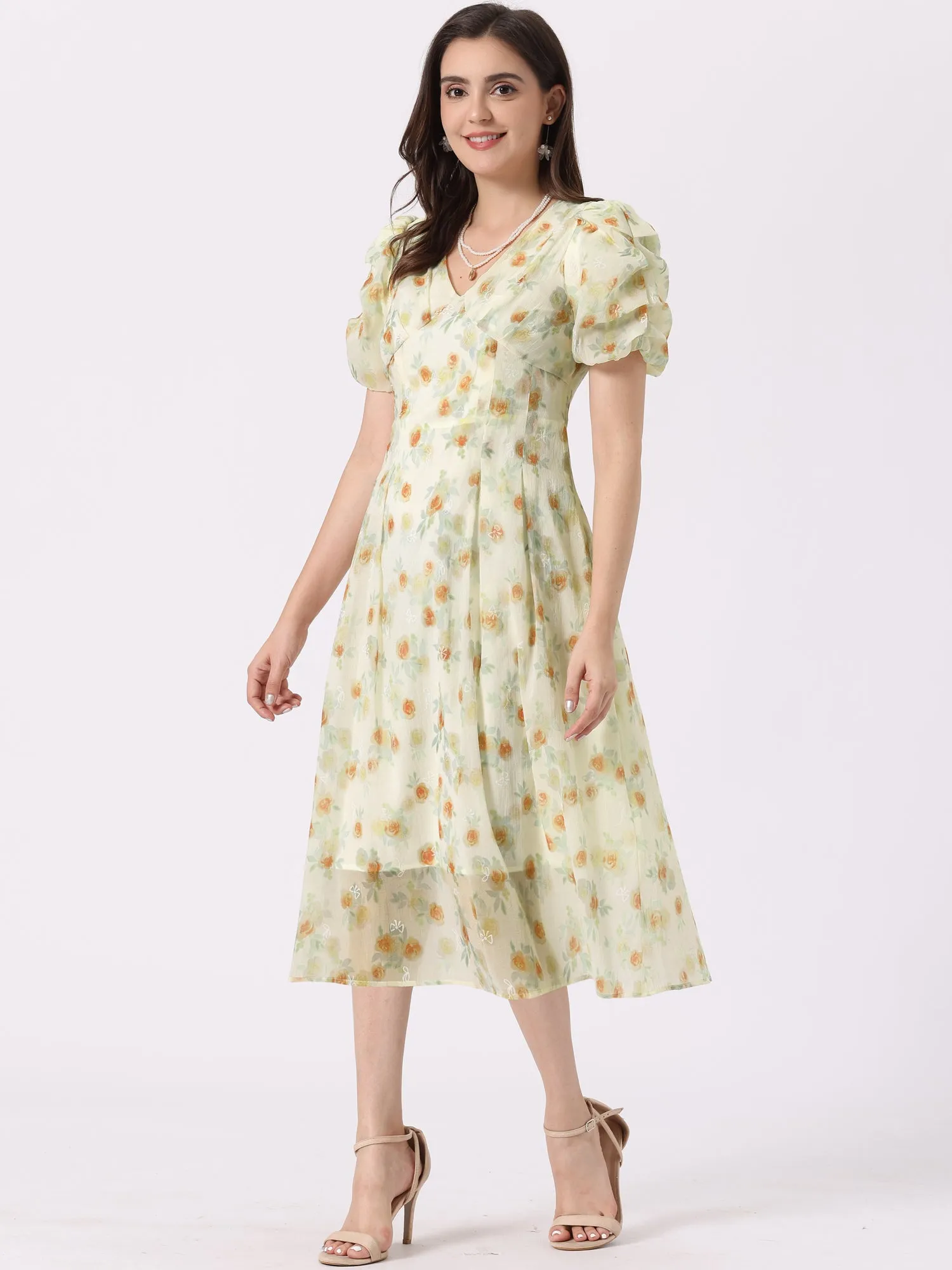 Floral Print Short Sleeve Cinched Waist Long Midi Dress sold by Allegra K