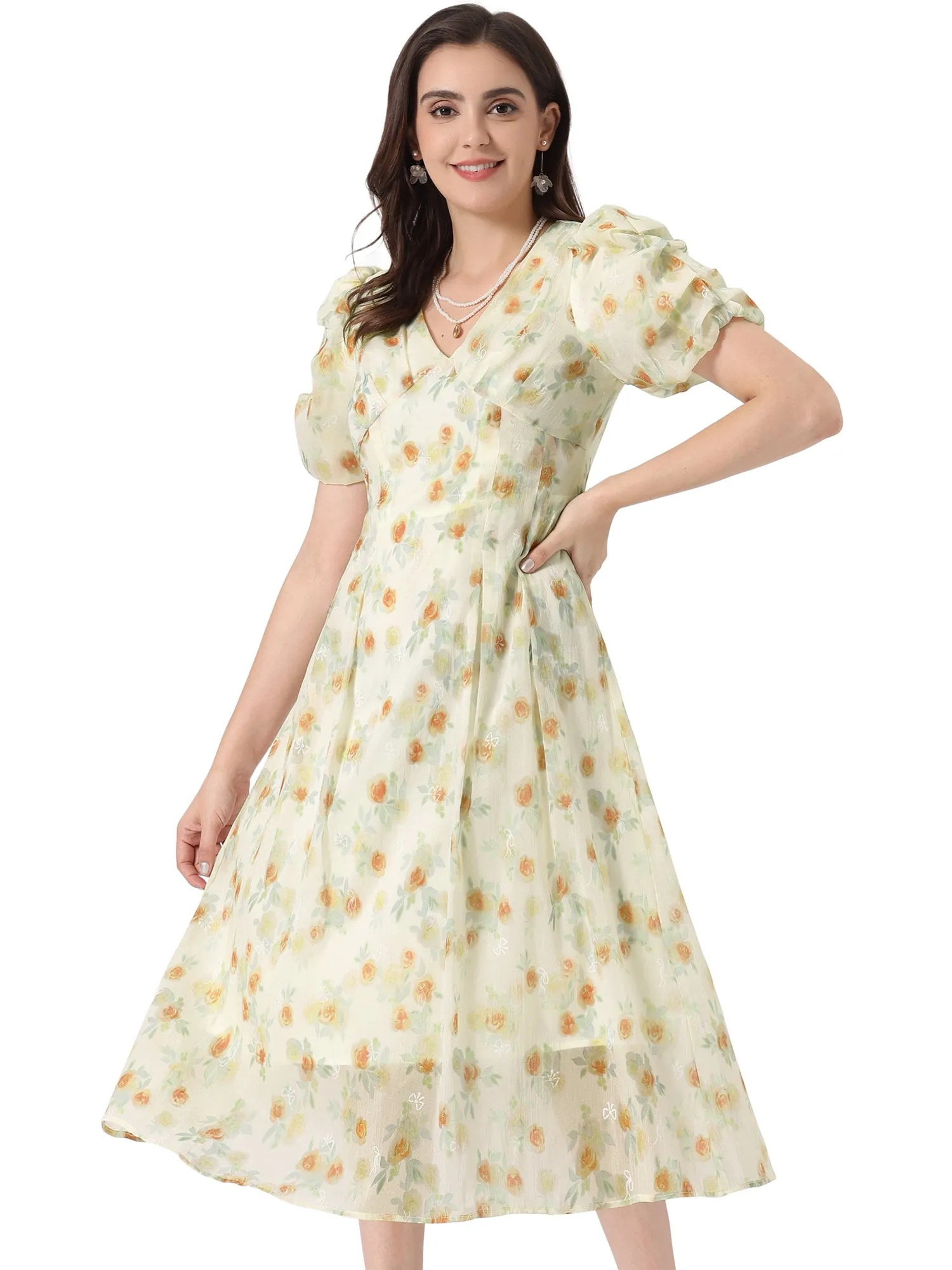 Floral Print Short Sleeve Cinched Waist Long Midi Dress sold by Allegra K product image thumbnail 5