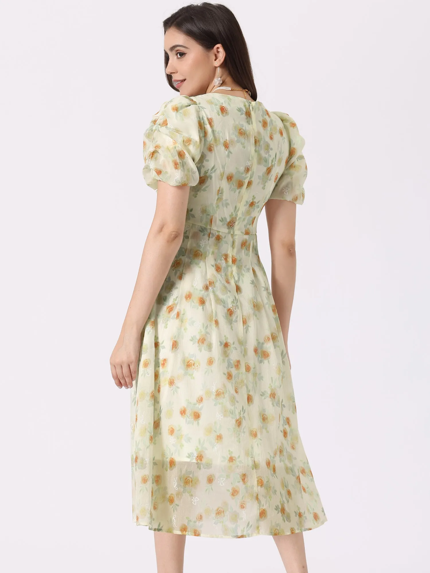 Floral Print Short Sleeve Cinched Waist Long Midi Dress sold by Allegra K product image thumbnail 3
