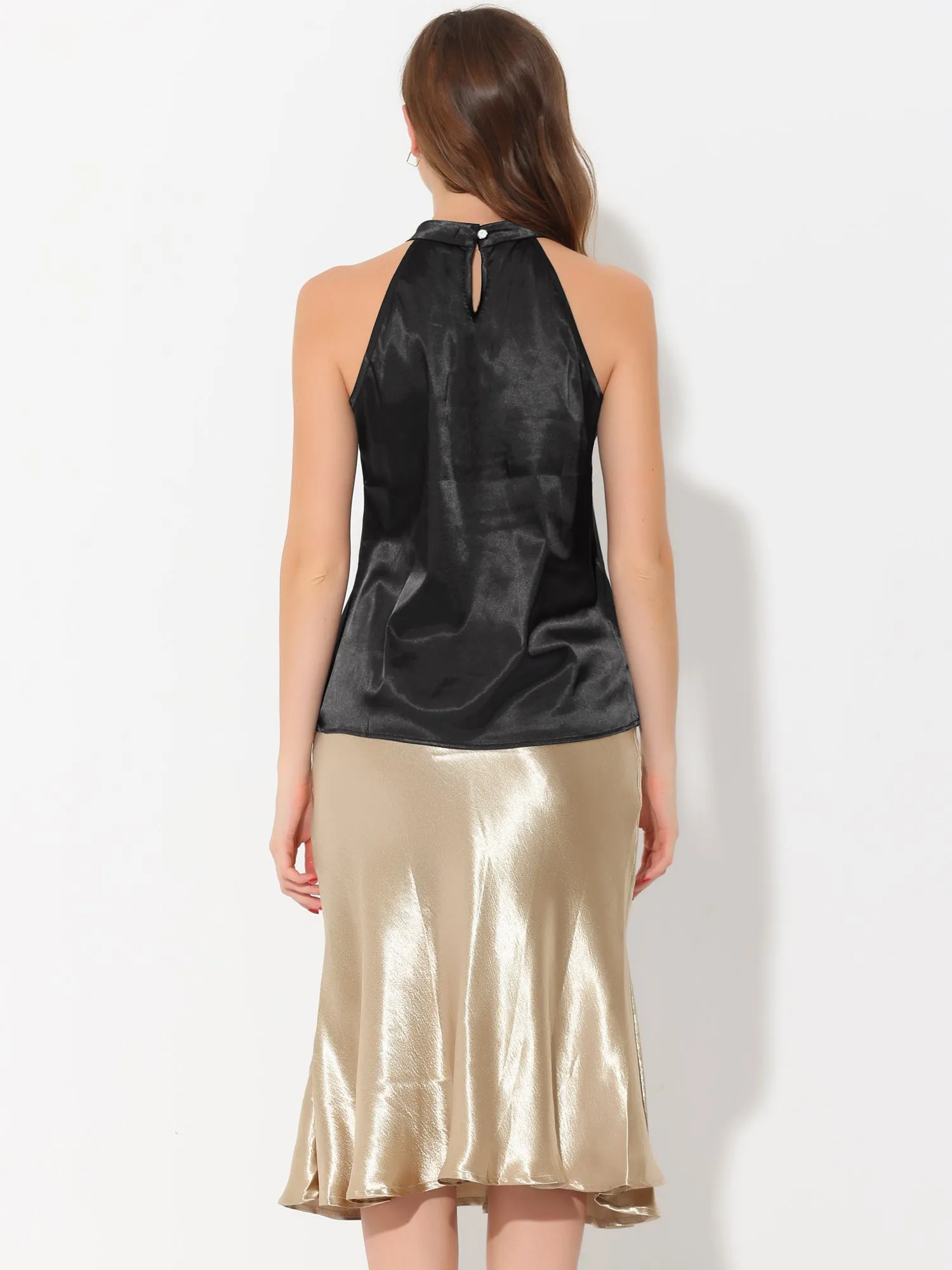 Summer Pleated Mock Neck Sleeveless Halter Tank Satin sold by Allegra K product image thumbnail 3