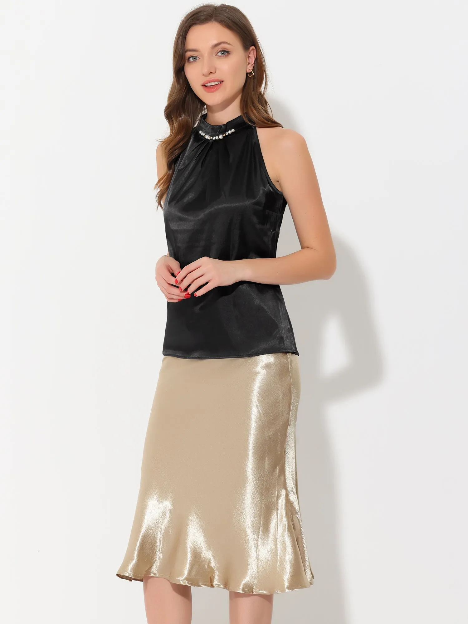 Summer Pleated Mock Neck Sleeveless Halter Tank Satin sold by Allegra K product image thumbnail 2