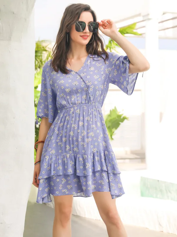 Daisy Floral A-Line Flare Sleeve Layered Ruffle Hem Dress sold by Allegra K