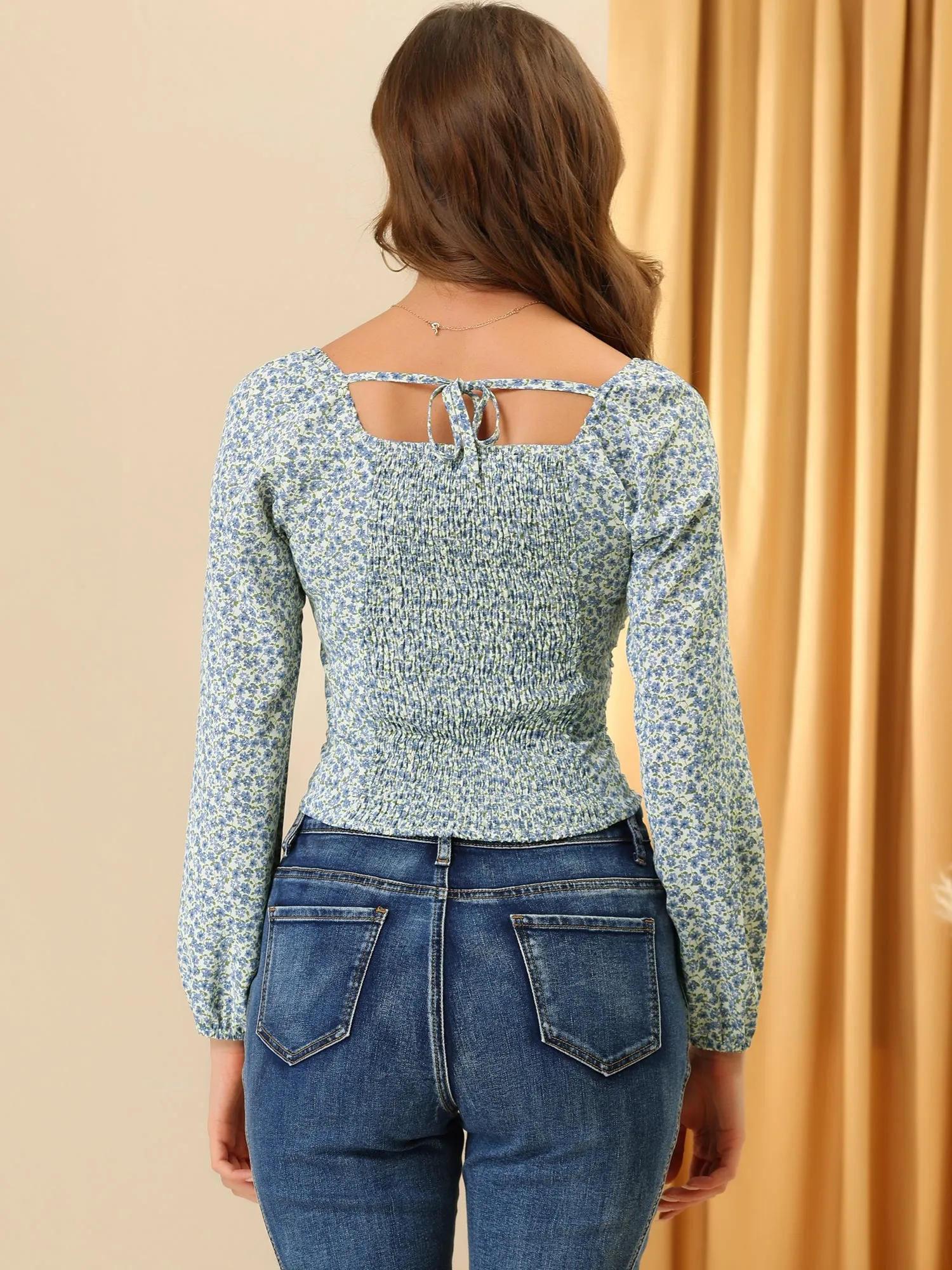 Floral Ruched Square Neck Blouse Smocked Top sold by Allegra K product image thumbnail 5