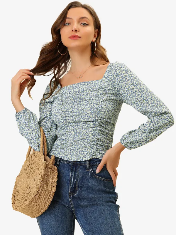 Floral Ruched Square Neck Blouse Smocked Top sold by Allegra K