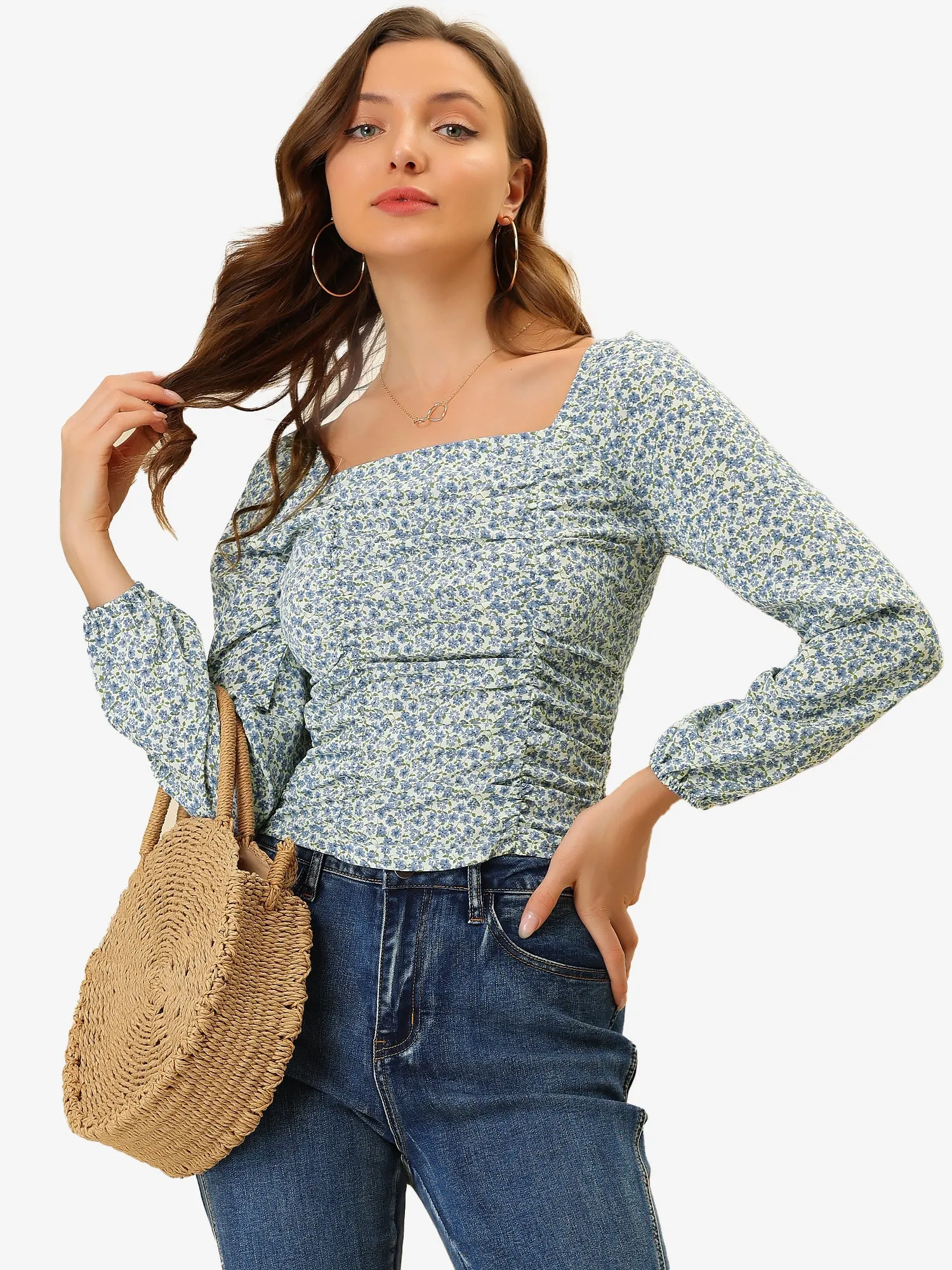 Floral Ruched Square Neck Blouse Smocked Top sold by Allegra K