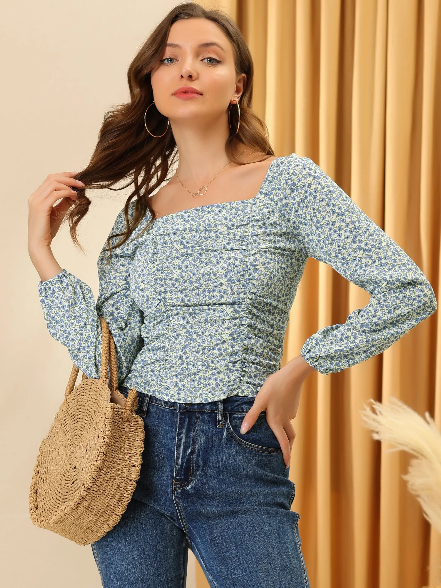 Floral Ruched Square Neck Blouse Smocked Top sold by Allegra K product image thumbnail 2