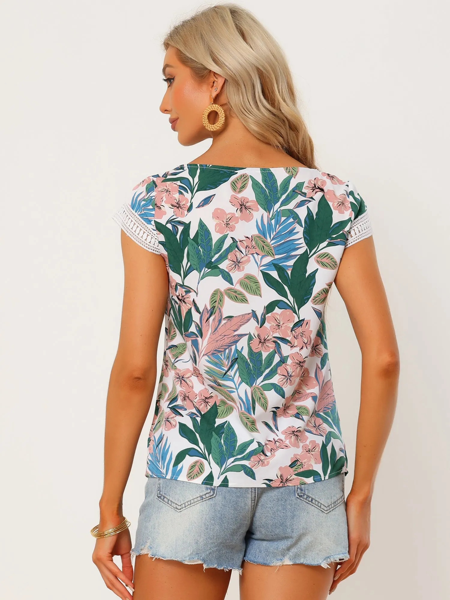 Leaf Tropical Blouse Boho Crochet Cap Sleeve Summer Casual Tops sold by Allegra K product image thumbnail 4