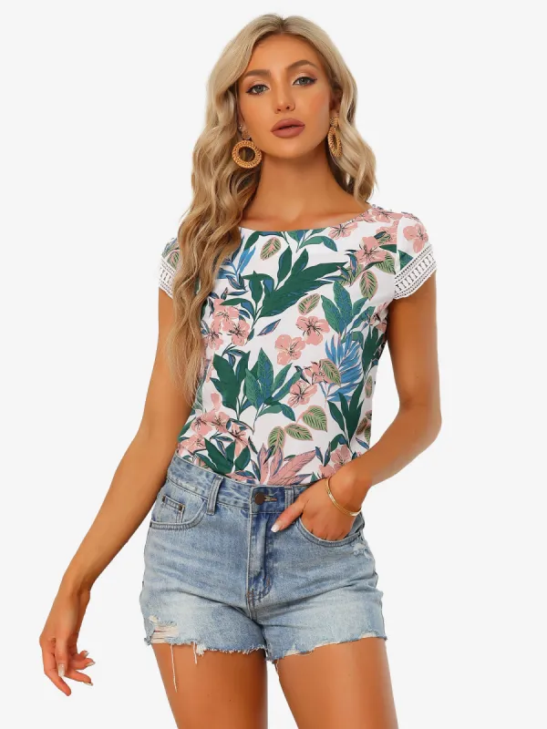 Leaf Tropical Blouse Boho Crochet Cap Sleeve Summer Casual Tops sold by Allegra K