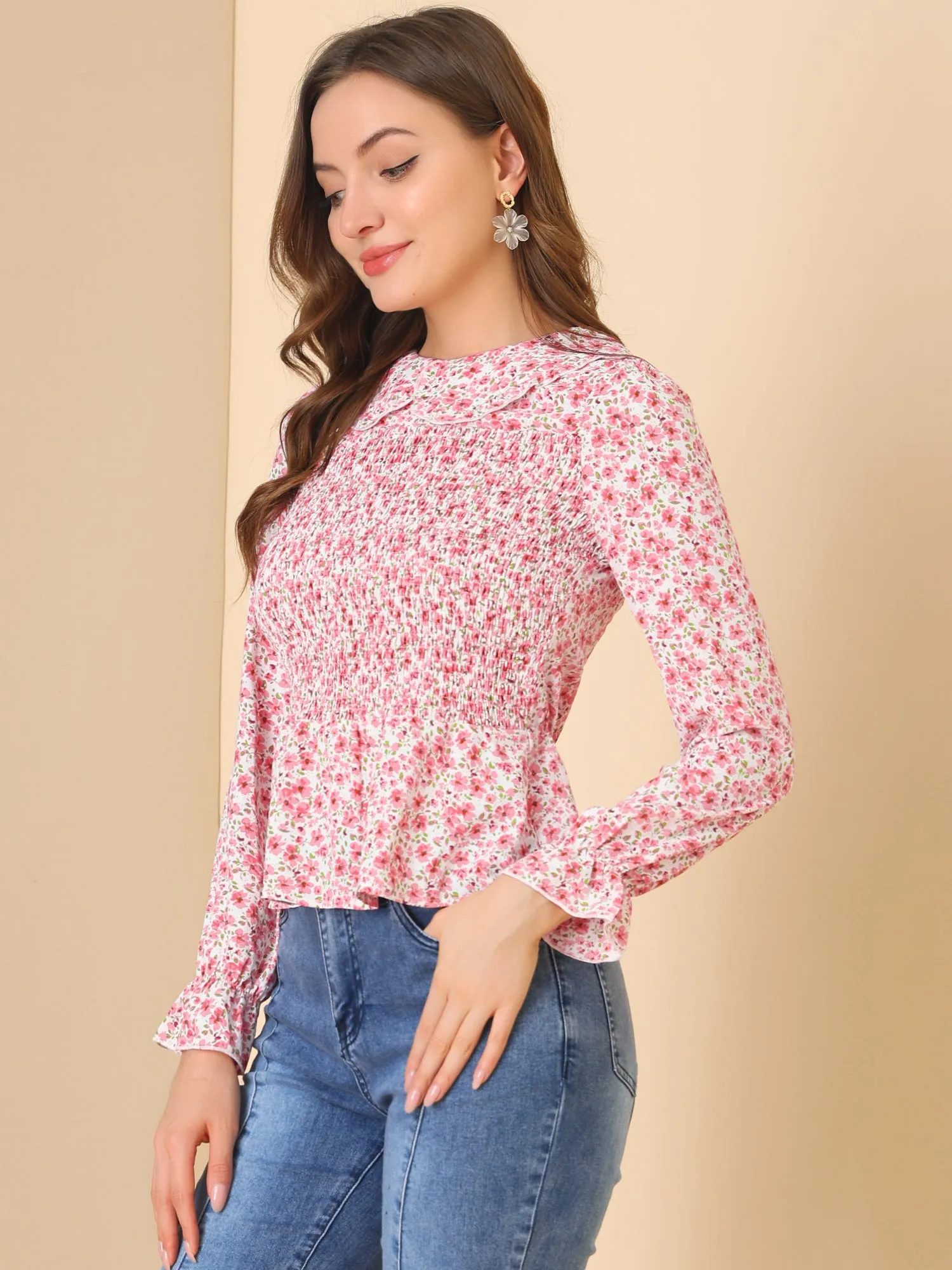 Peter Pan Collar Long Sleeve Casual Chiffon Floral Smocked Top sold by Allegra K product image thumbnail 4
