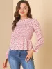Peter Pan Collar Long Sleeve Casual Chiffon Floral Smocked Top sold by Allegra K