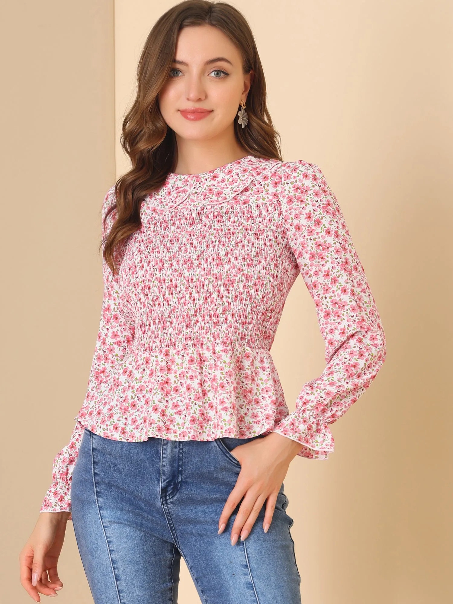Peter Pan Collar Long Sleeve Casual Chiffon Floral Smocked Top sold by Allegra K product image thumbnail 3