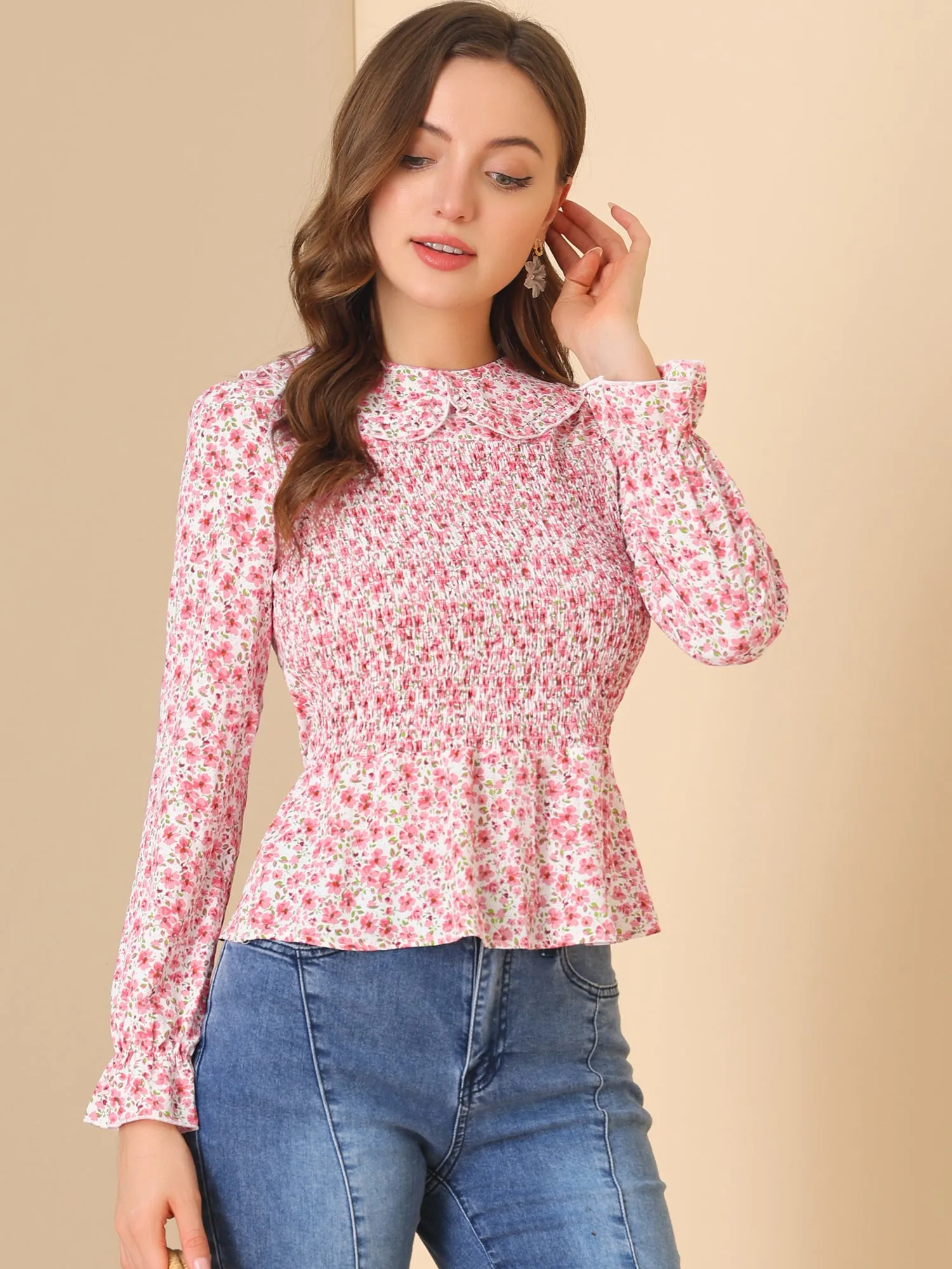Peter Pan Collar Long Sleeve Casual Chiffon Floral Smocked Top sold by Allegra K product image thumbnail 2