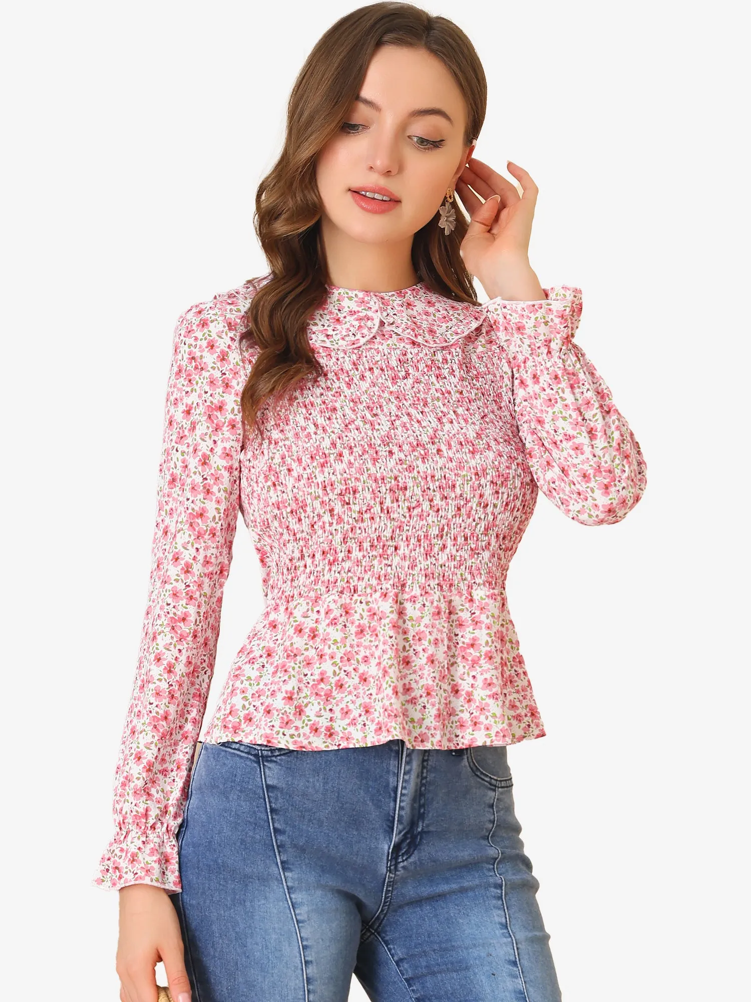 Peter Pan Collar Long Sleeve Casual Chiffon Floral Smocked Top sold by Allegra K