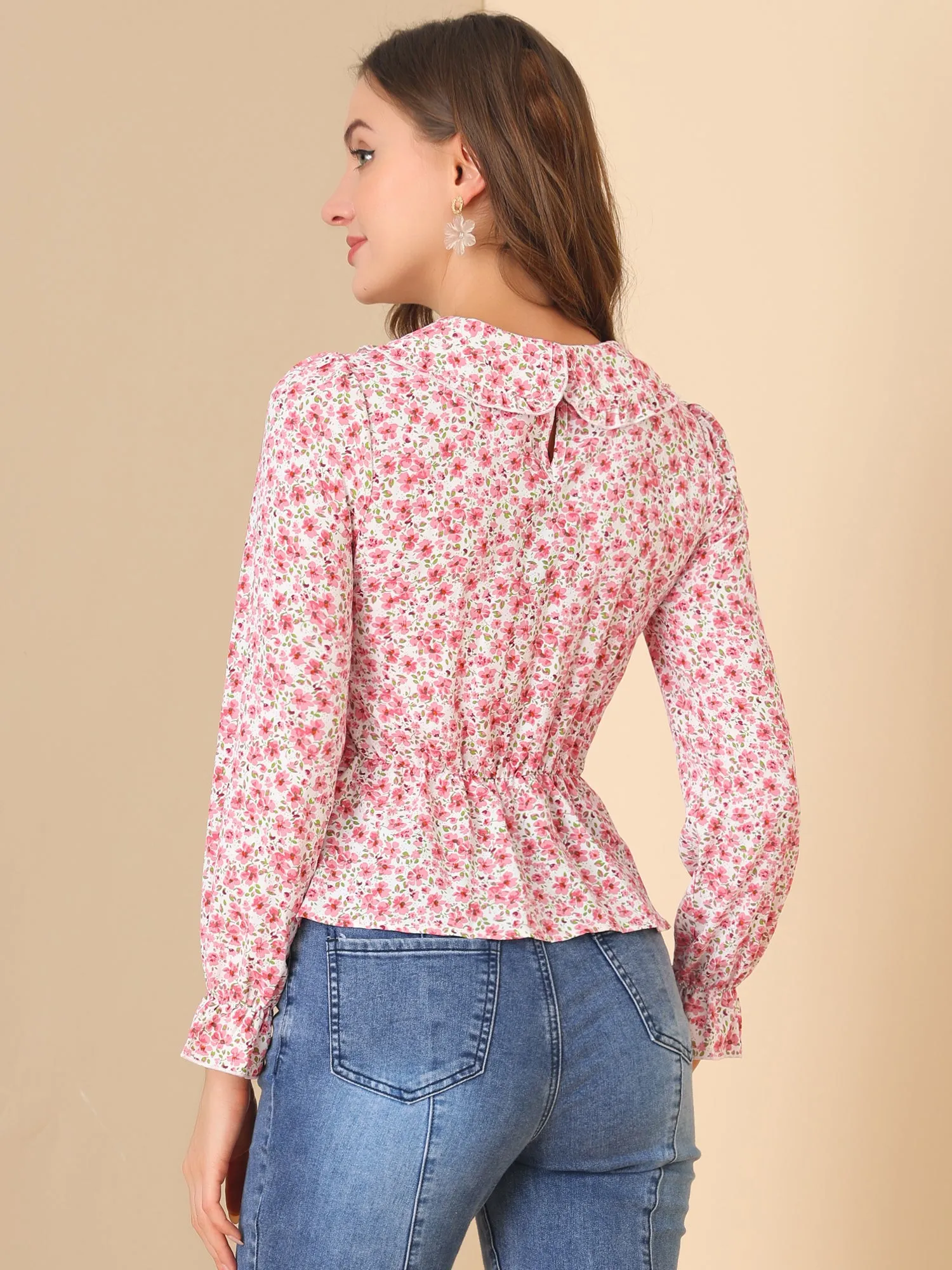 Peter Pan Collar Long Sleeve Casual Chiffon Floral Smocked Top sold by Allegra K product image thumbnail 5