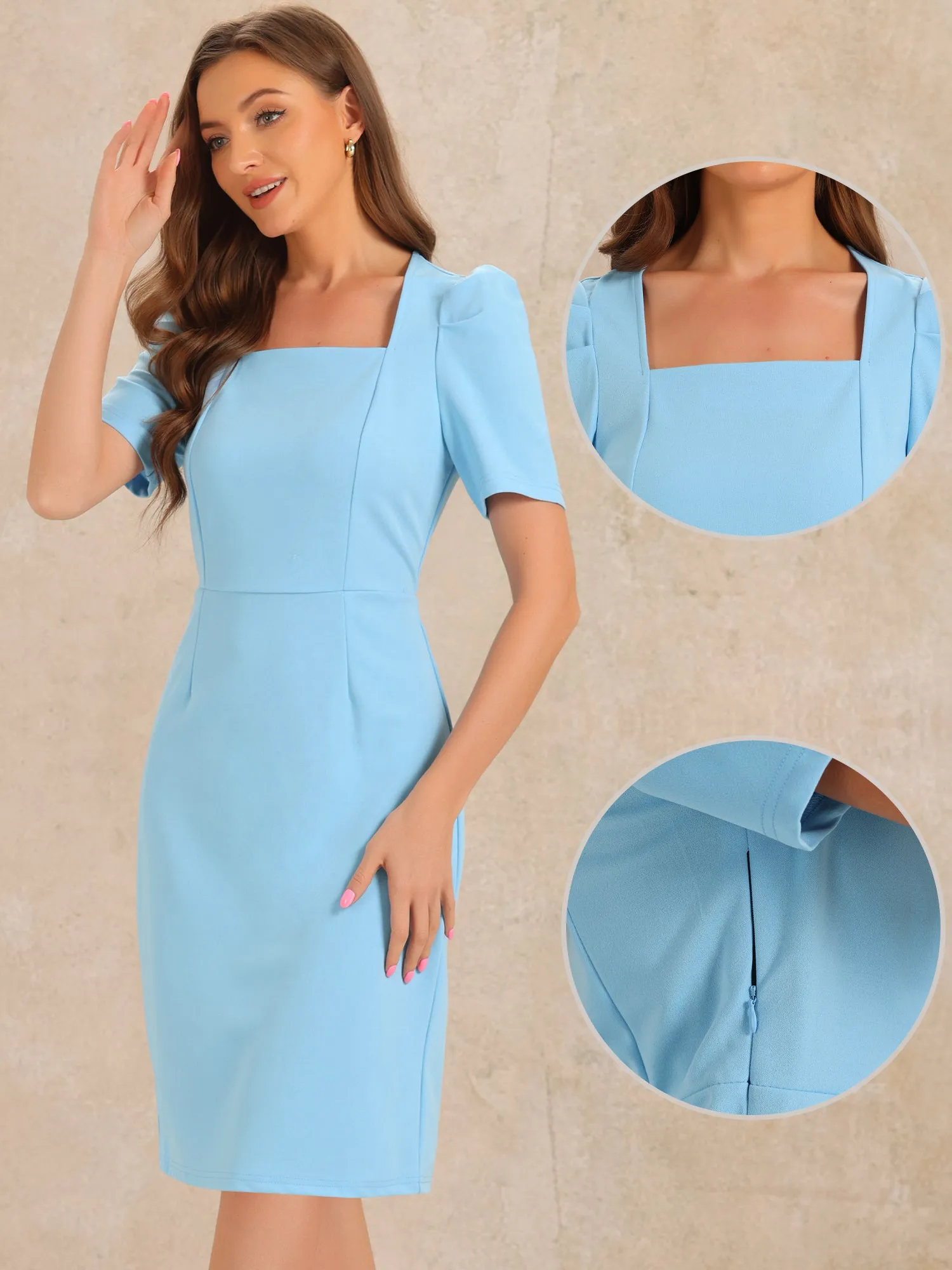 Square Neck Puff Sleeve Rear Slit Business Casual Midi Sheath Dress sold by Allegra K