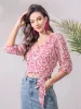 Self Tie V Neck Peasant Crop Top Floral Blouse sold by Allegra K