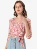 Self Tie V Neck Peasant Crop Top Floral Blouse sold by Allegra K
