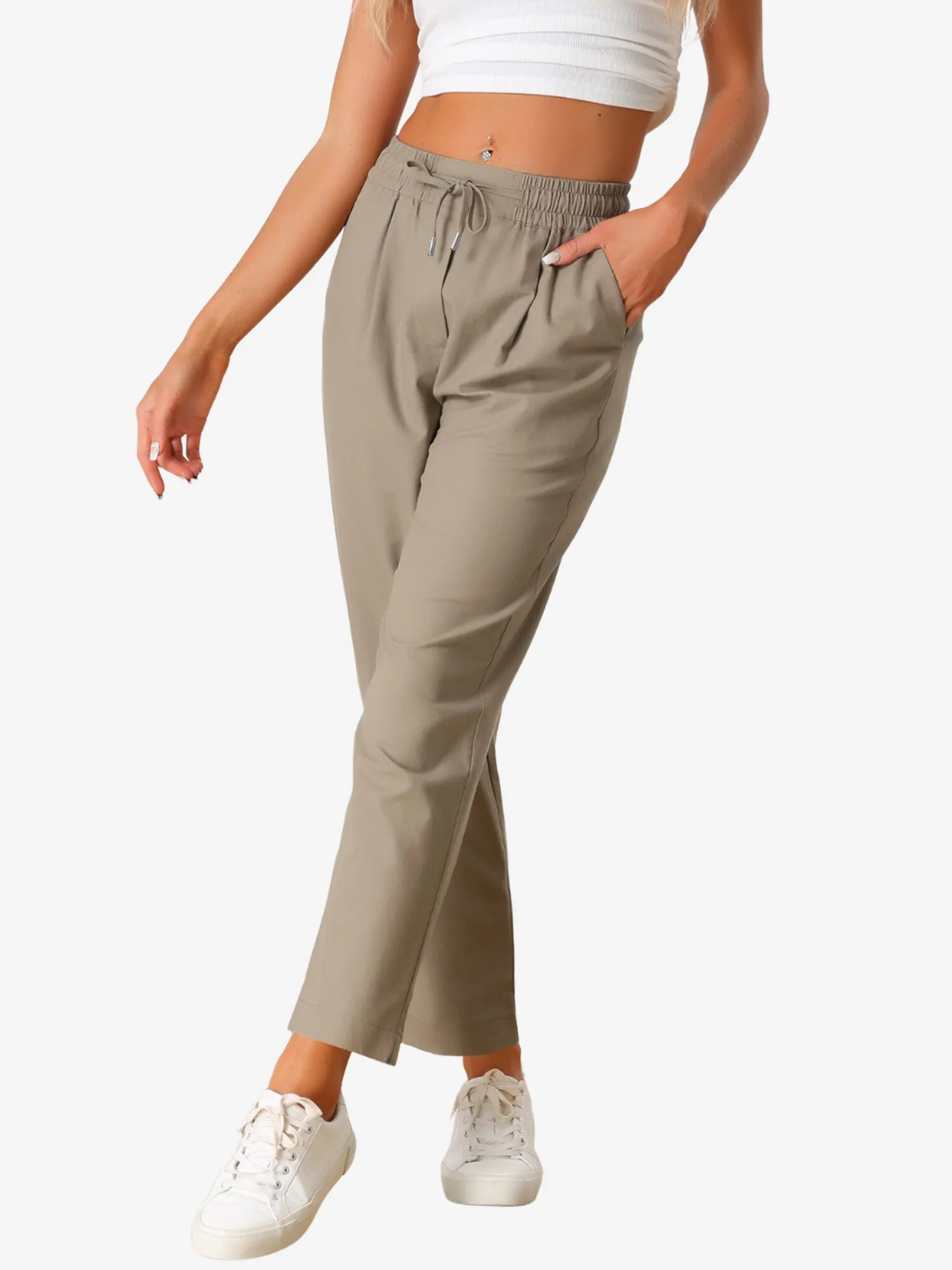 Casual Linen Drawstring Elastic Waist Pocketed Tapered Pants sold by Allegra K
