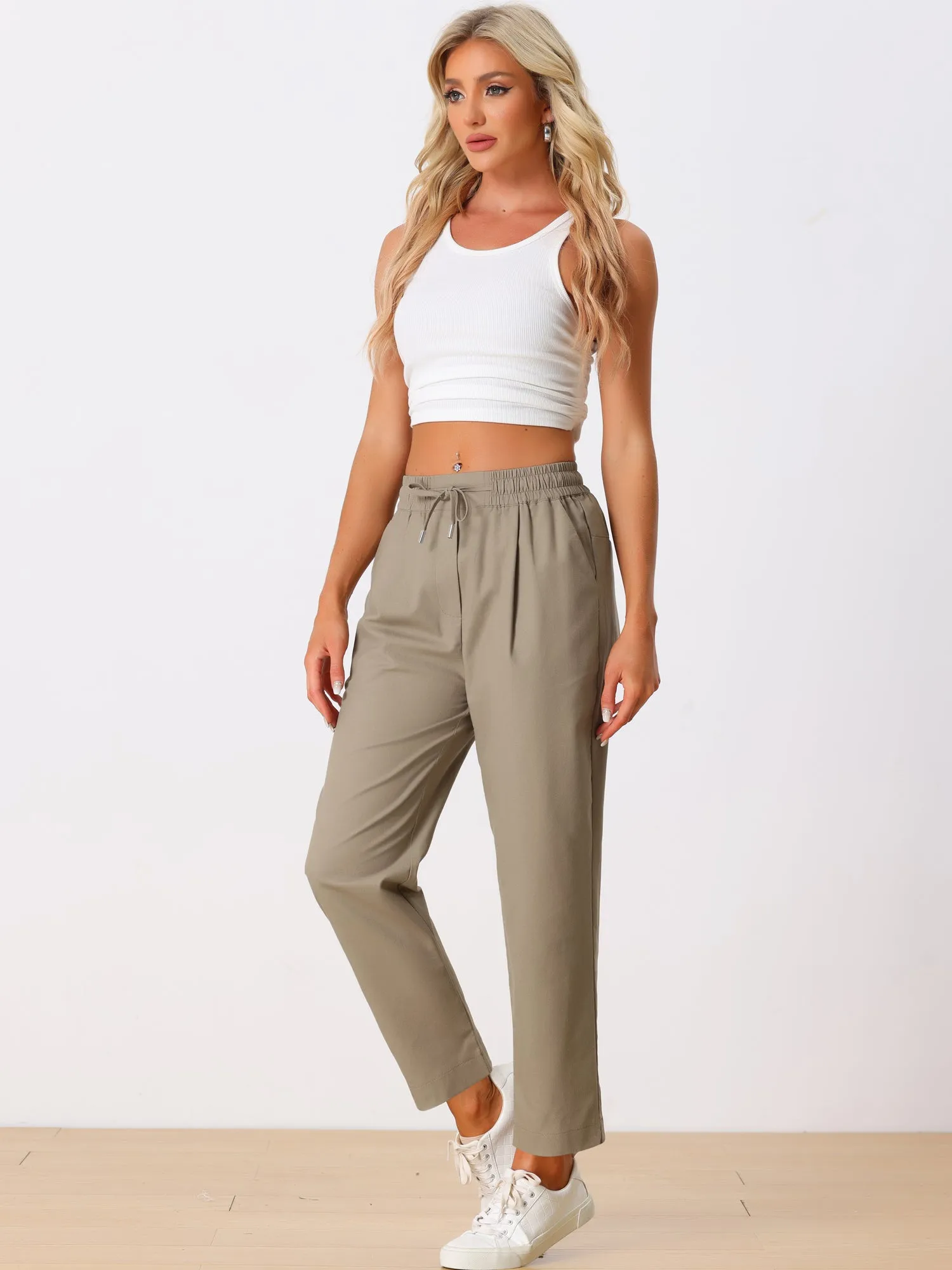 Casual Linen Drawstring Elastic Waist Pocketed Tapered Pants sold by Allegra K product image thumbnail 4