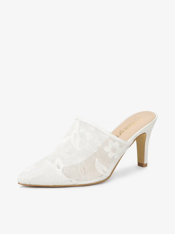 Women's Lace Heels Sandals Mesh Floral Embroidered Stiletto Heels Slide Mules sold by Allegra K