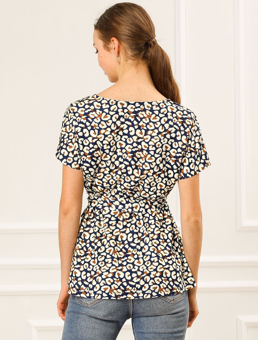 Leopard V Neck Tie Waist Raglan Sleeve Loose Blouse Tops sold by Allegra K product image thumbnail 3