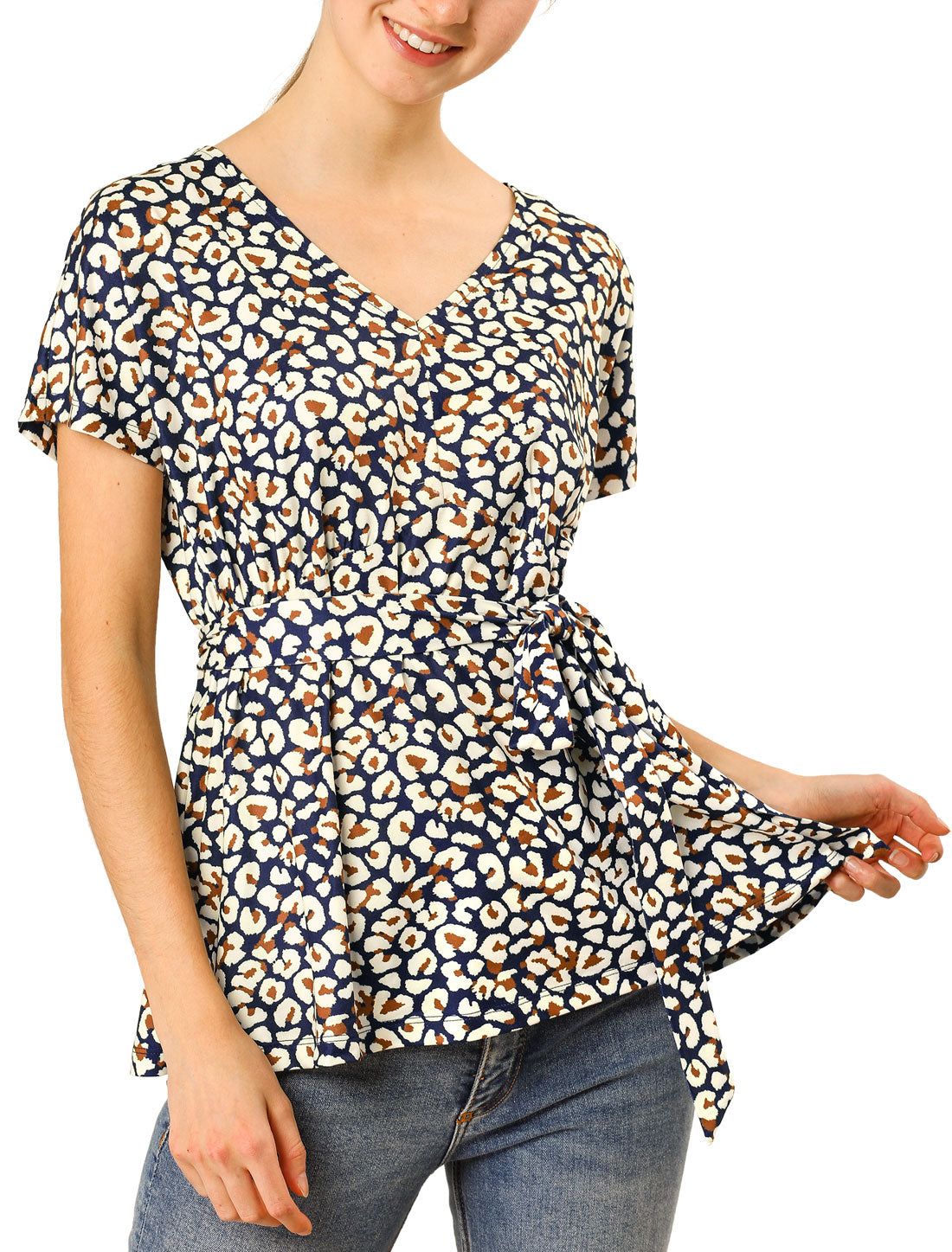 Leopard V Neck Tie Waist Raglan Sleeve Loose Blouse Tops sold by Allegra K