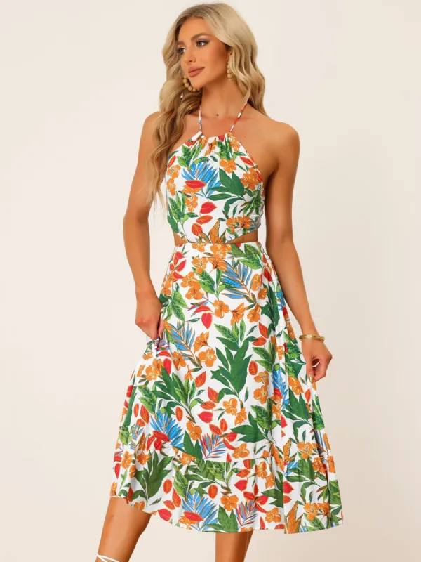 Summer Floral Sundress Cutout Waist Tropical Midi Dress sold by Allegra K