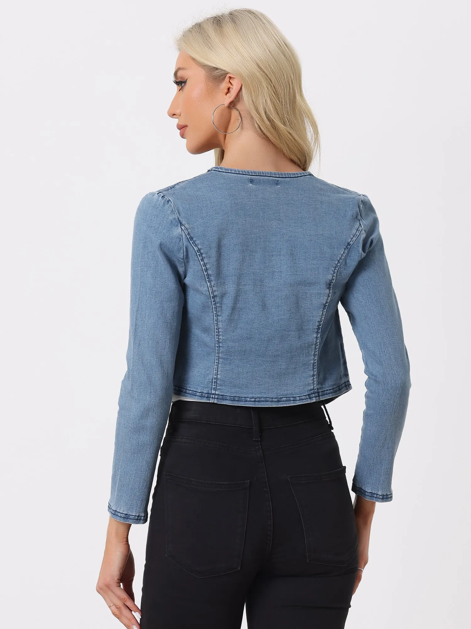 Collarless Open Front Casual Crop Denim Jacket sold by Allegra K product image thumbnail 3