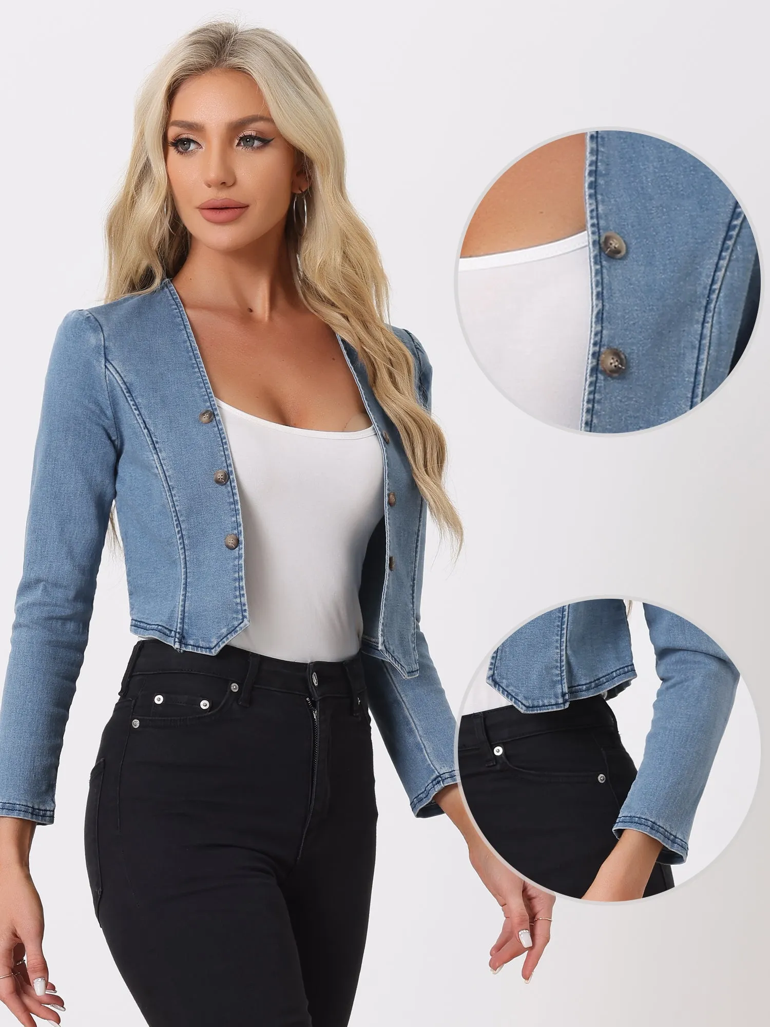Collarless Open Front Casual Crop Denim Jacket sold by Allegra K product image thumbnail 2