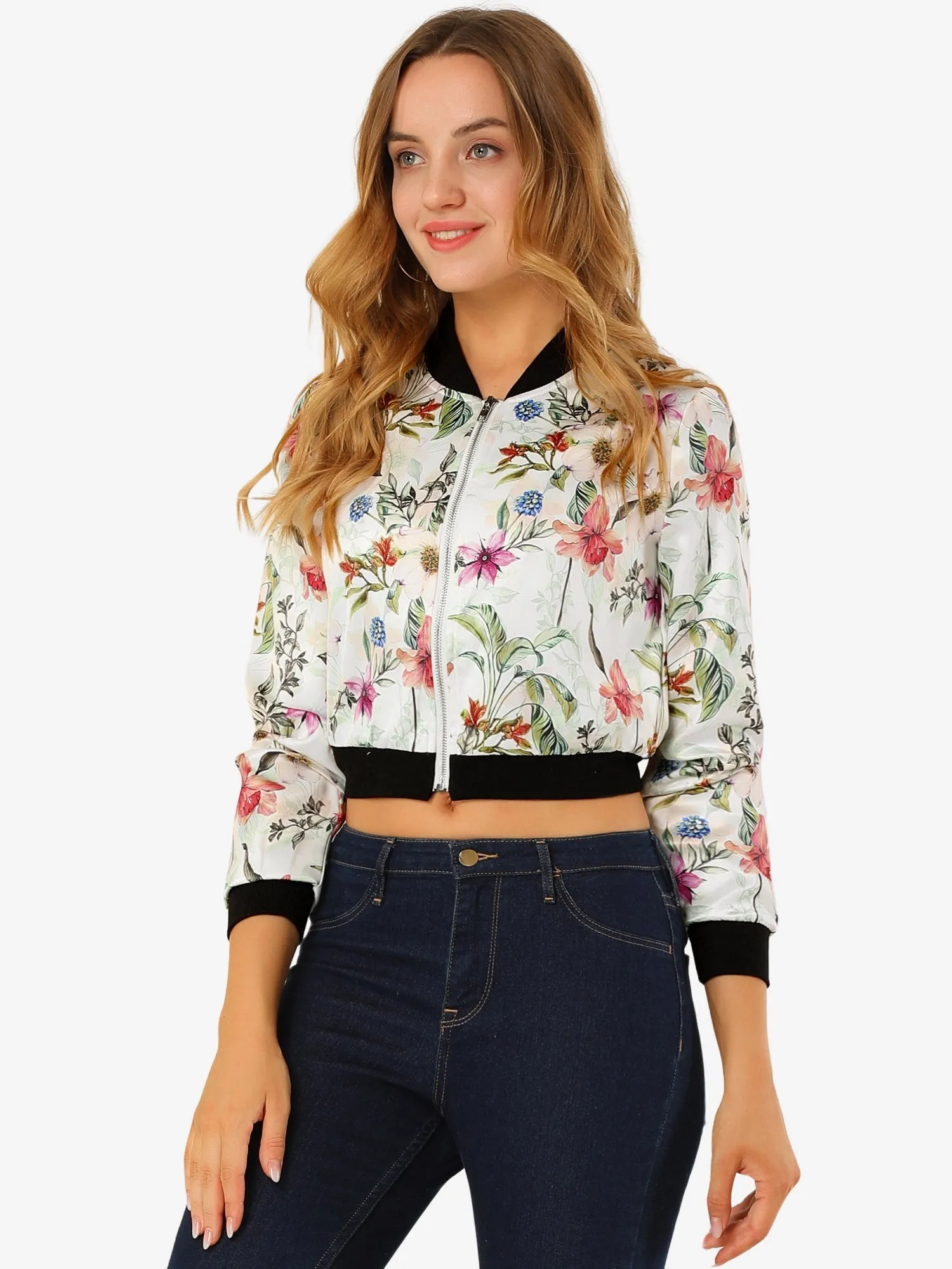Floral Stand Collar Long Sleeve Zip Up Bomber Jacket sold by Allegra K