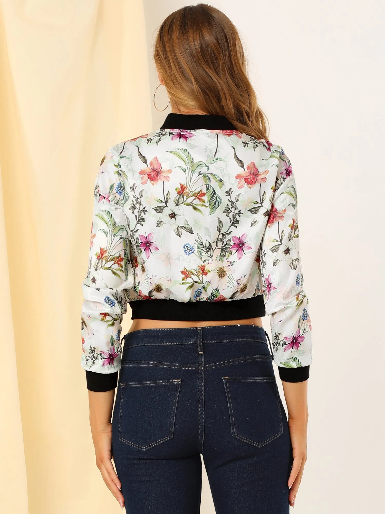 Floral Stand Collar Long Sleeve Zip Up Bomber Jacket sold by Allegra K product image thumbnail 5