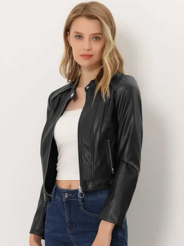 Faux Leather Jacket Zip Up Slim Fit Long Sleeve Moto Biker Coat sold by Allegra K