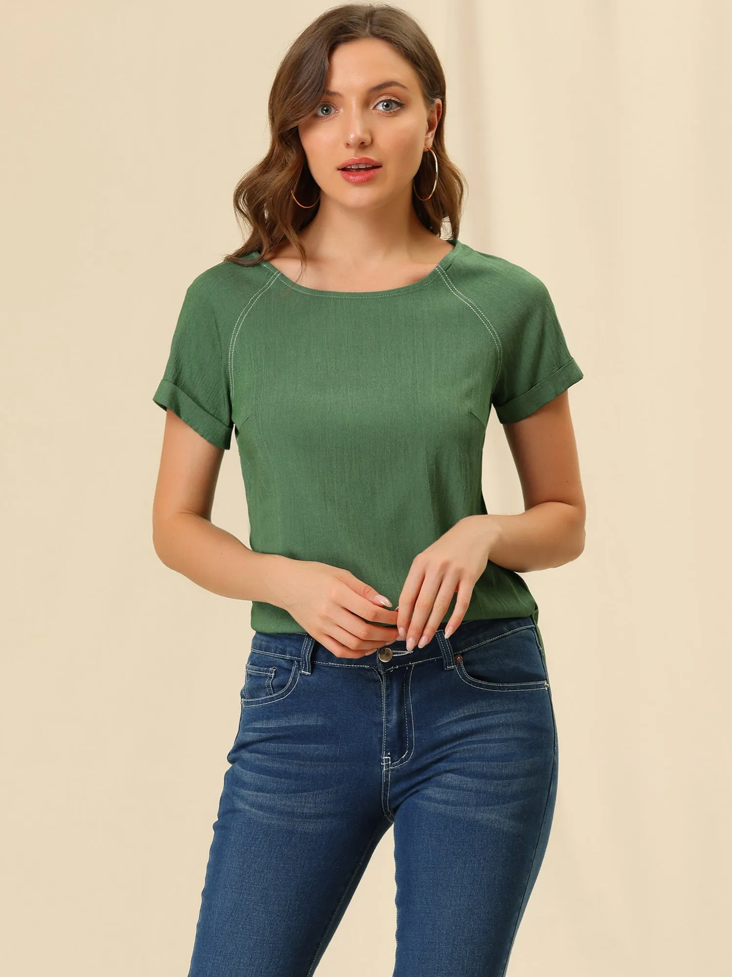 Chambray Side Slit Raglan Short Sleeve Top sold by Allegra K product image thumbnail 3