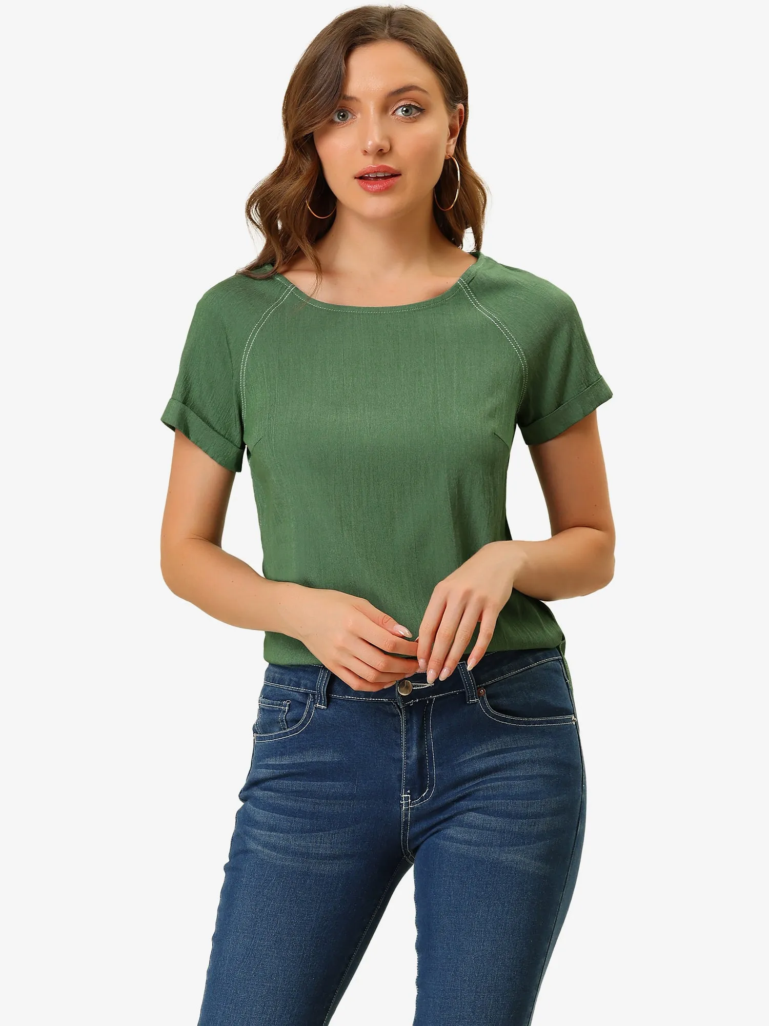 Chambray Side Slit Raglan Short Sleeve Top sold by Allegra K