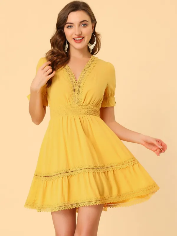 Boho Puff Sleeve V Neck Smocked Waist Ruffled Tiered Dress sold by Allegra K