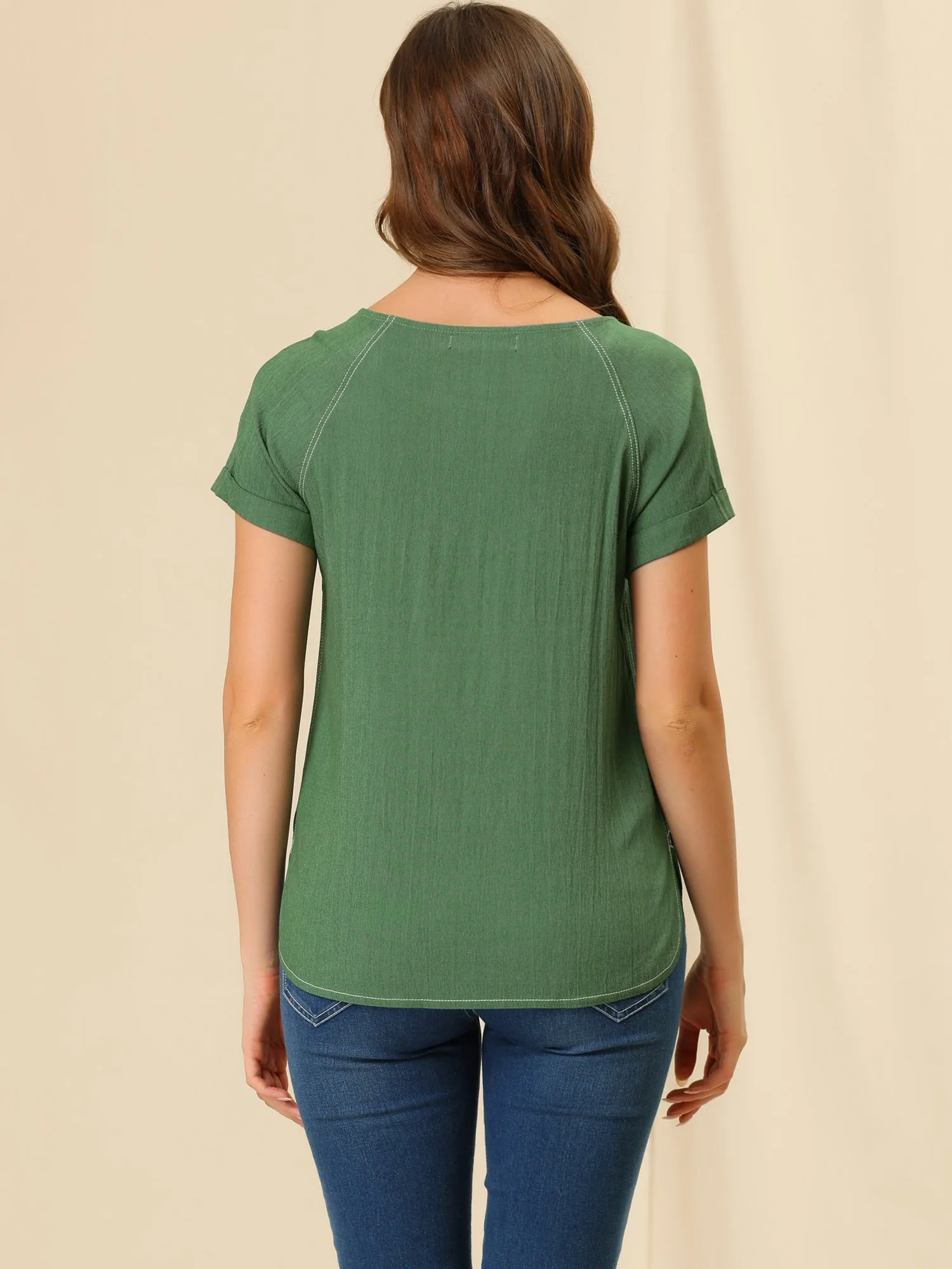 Chambray Side Slit Raglan Short Sleeve Top sold by Allegra K product image thumbnail 5