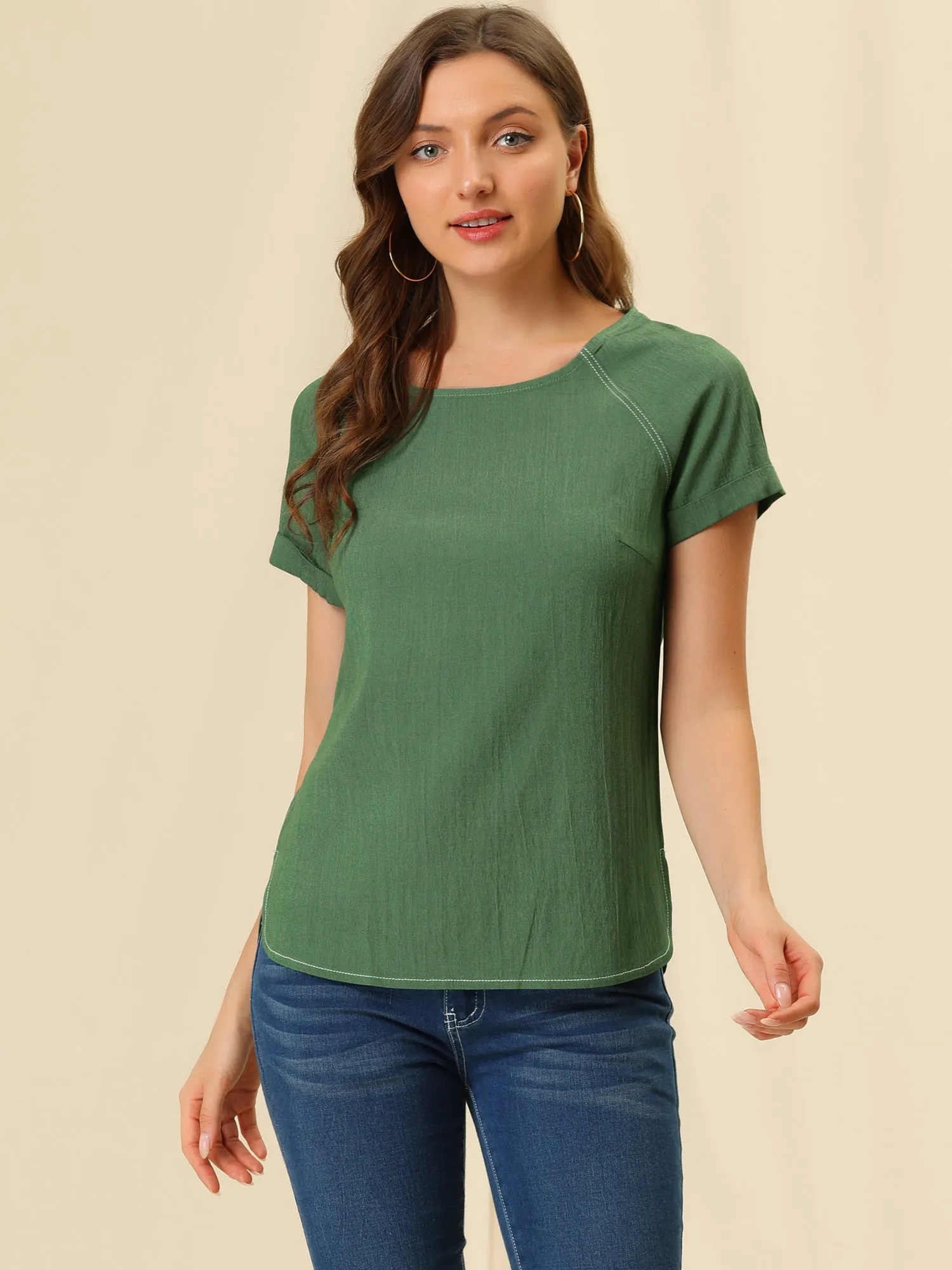 Chambray Side Slit Raglan Short Sleeve Top sold by Allegra K product image thumbnail 4