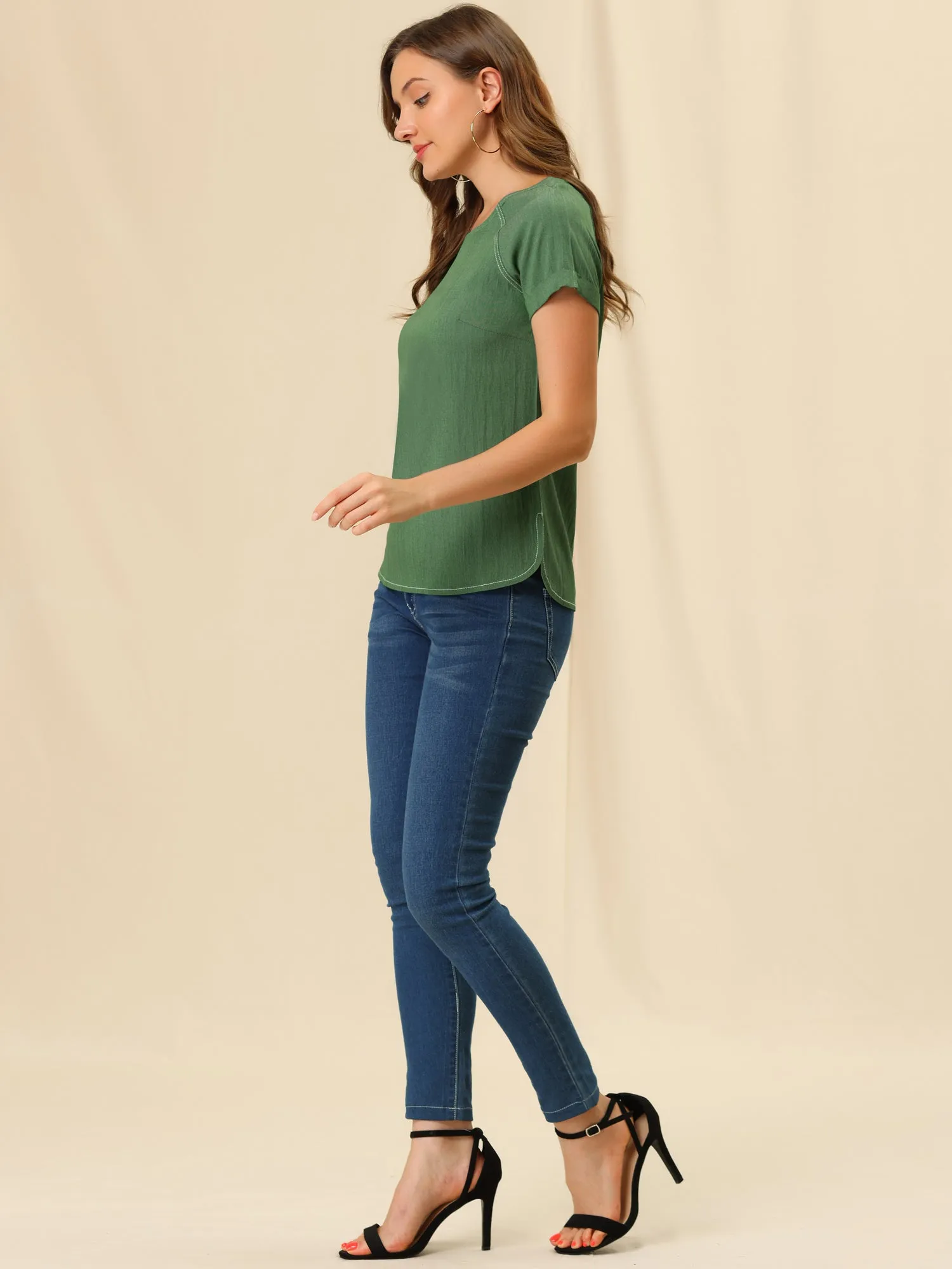 Chambray Side Slit Raglan Short Sleeve Top sold by Allegra K product image thumbnail 2