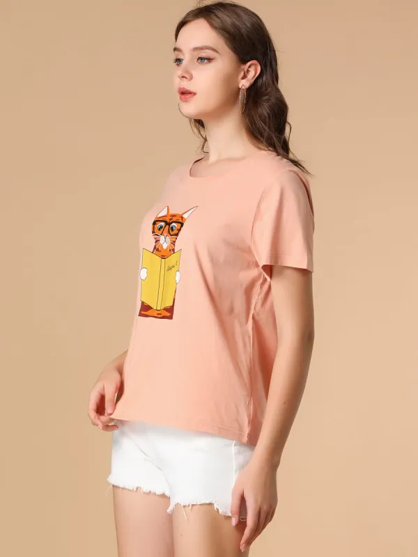 Cotton Casual Printed Short Sleeve Crew Neck Graphic T-Shirt sold by Allegra K