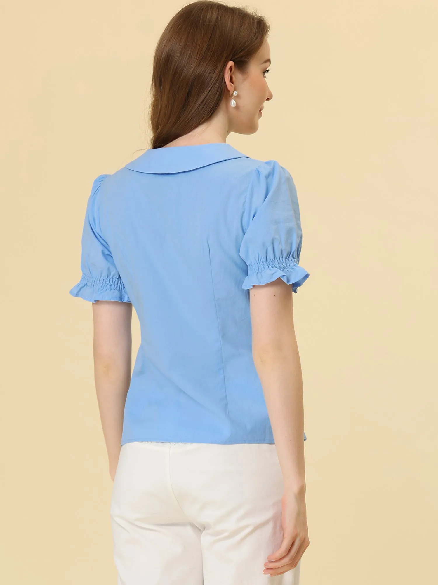 Button Down Shirt Pleated Short Sleeve V Neck Top sold by Allegra K product image thumbnail 3