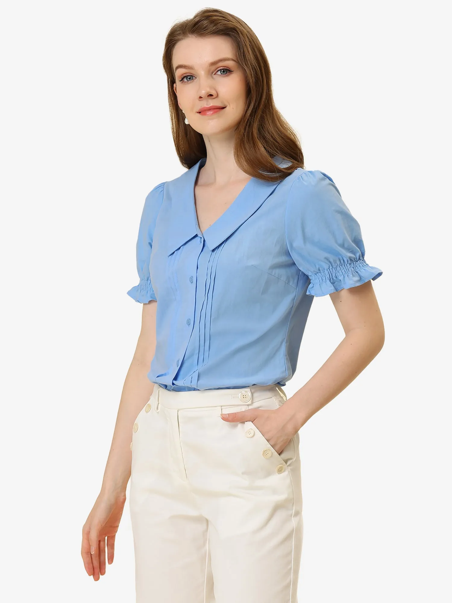 Button Down Shirt Pleated Short Sleeve V Neck Top sold by Allegra K