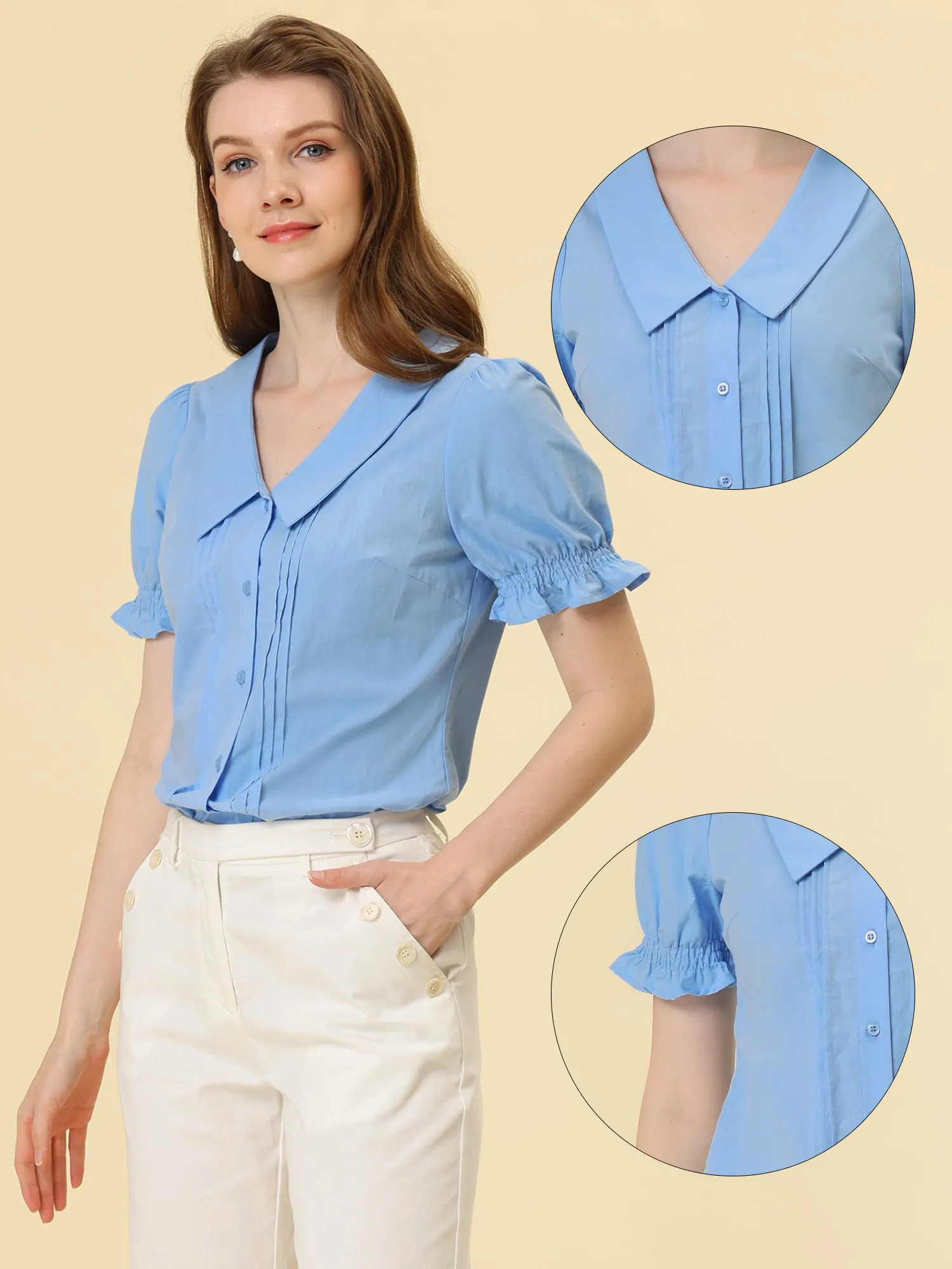 Button Down Shirt Pleated Short Sleeve V Neck Top sold by Allegra K product image thumbnail 2
