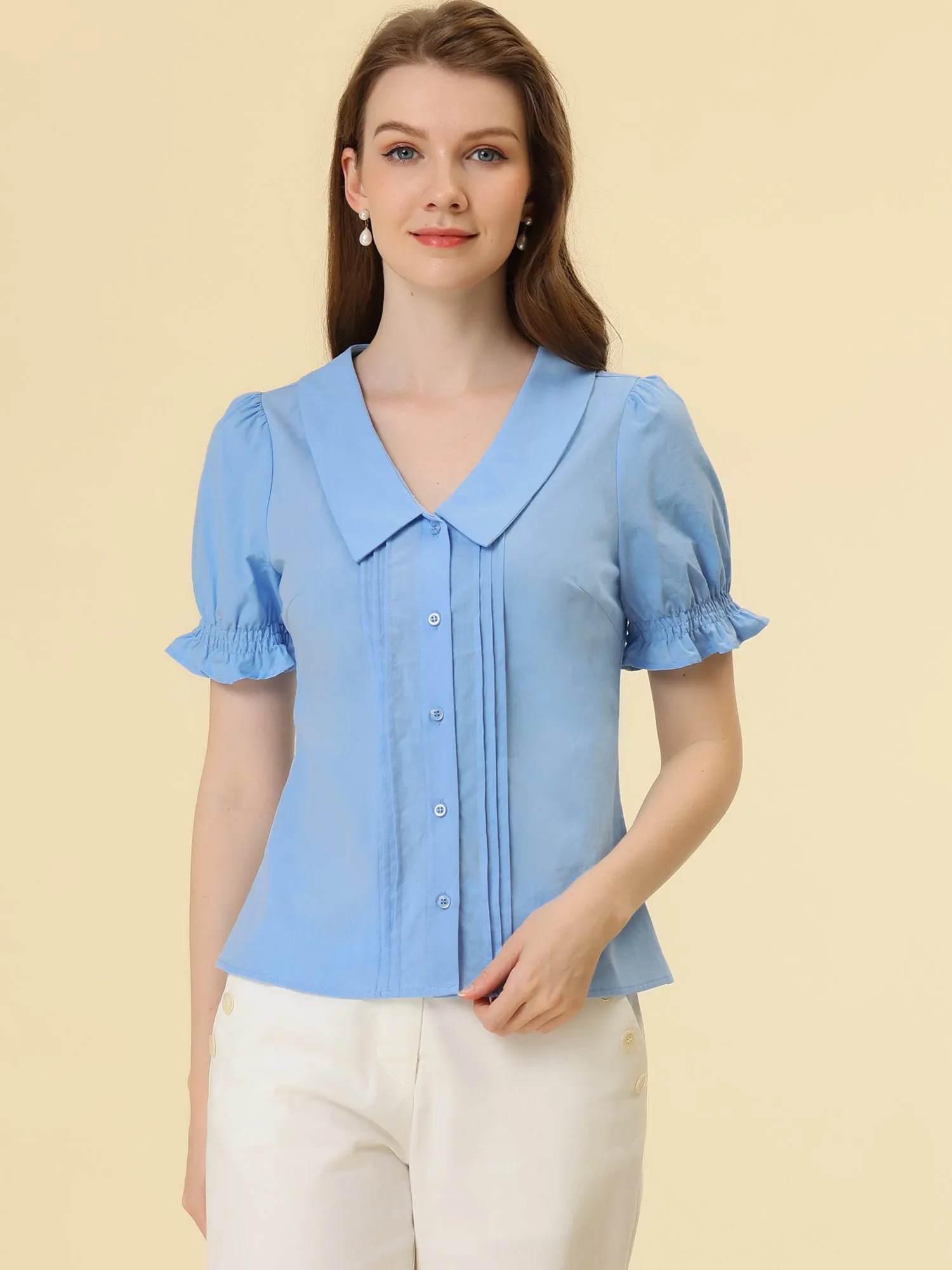 Button Down Shirt Pleated Short Sleeve V Neck Top sold by Allegra K product image thumbnail 5