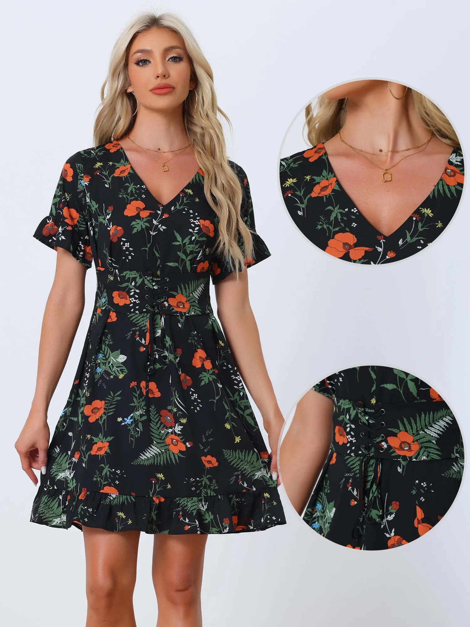 Floral Print Chiffon Dress Summer Short Sleeve V Neck Lace Up Cinched Waist Dress sold by Allegra K product image thumbnail 2