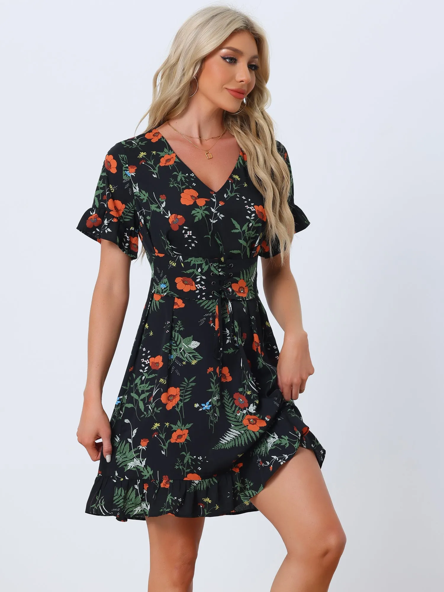 Floral Print Chiffon Dress Summer Short Sleeve V Neck Lace Up Cinched Waist Dress sold by Allegra K