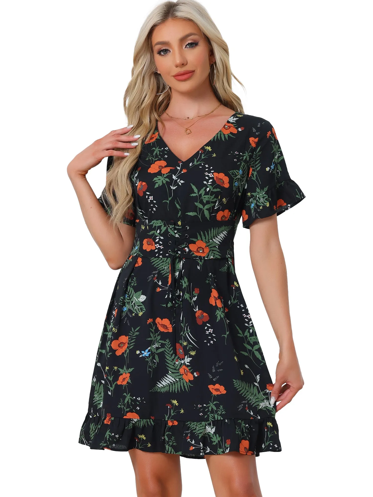 Floral Print Chiffon Dress Summer Short Sleeve V Neck Lace Up Cinched Waist Dress sold by Allegra K product image thumbnail 4
