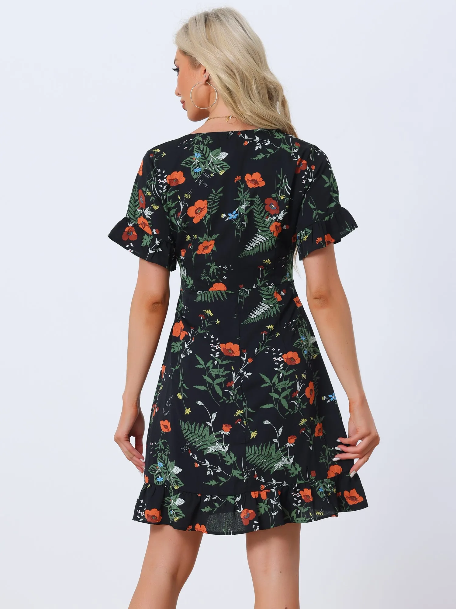 Floral Print Chiffon Dress Summer Short Sleeve V Neck Lace Up Cinched Waist Dress sold by Allegra K product image thumbnail 3
