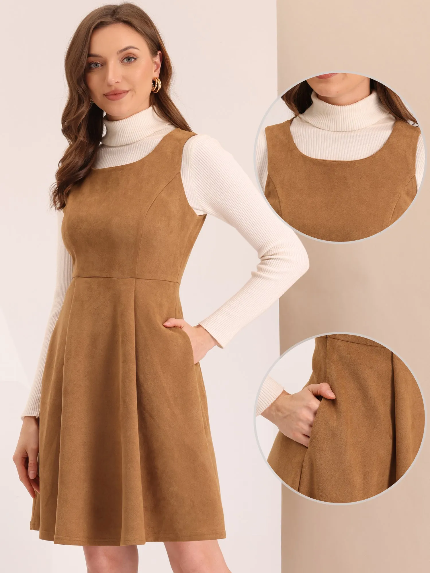 Faux Suede Overall Round Neck Sleeveless A-Line Pleated Dress sold by Allegra K product image thumbnail 2