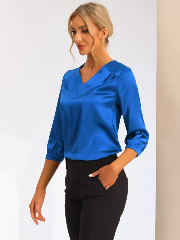 Casual Office Blouse 3/4 Sleeve V Neck Satin Shirt sold by Allegra K
